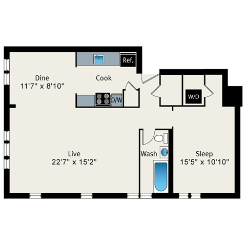 Floor plan for 1 bed, 1 bath, 1023 sqft